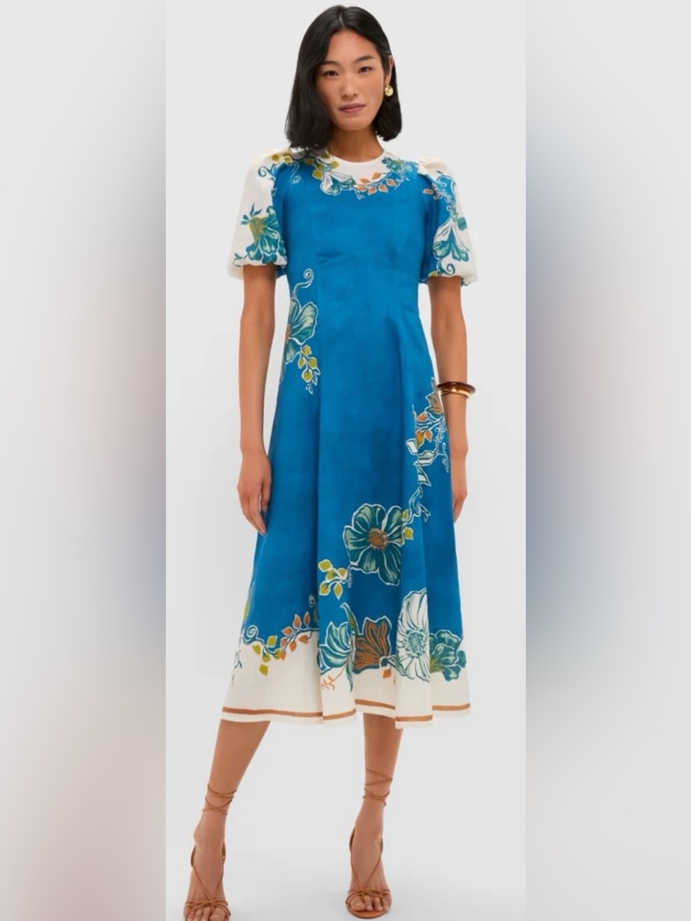 Alemais Blue Luda Midi Dress Puff Sleeve Floral Linen Size 6